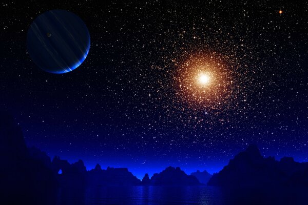 Ciemne jezioro w świetle gwiazd i planety