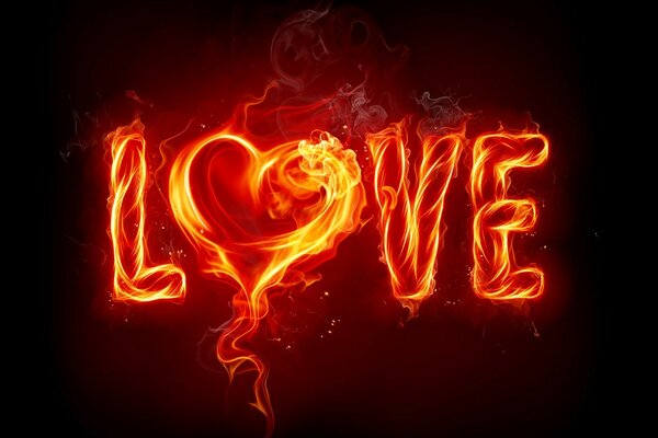 Fiery inscription LOVE and heart