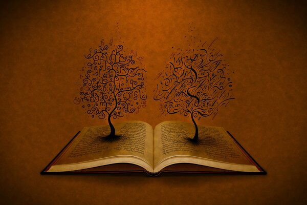 Otwarta księga z liter rosną drzewa