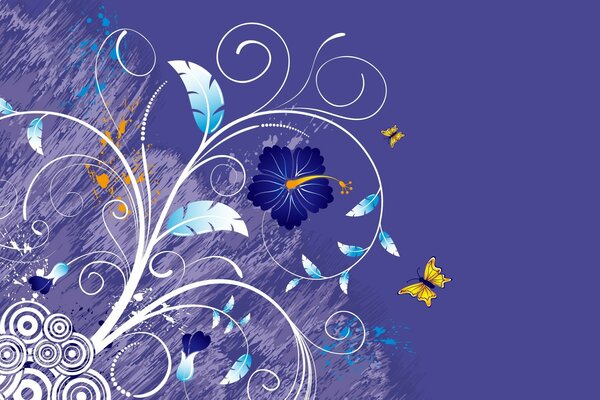 Blue flower with leaves and sprouts with a yellow butterfly on a purple background