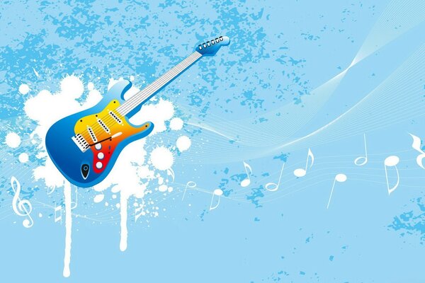 Blue electric guitar on a blue background surrounded by notes