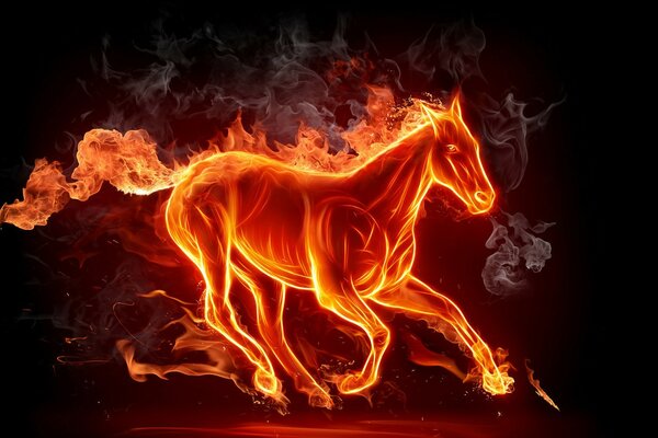 A horse on a dark background of fire