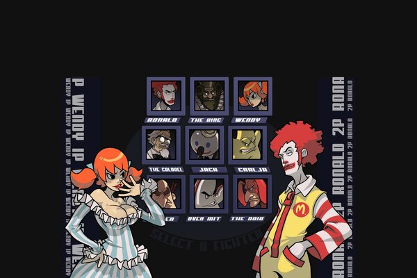 On a dark background there is a girl and a guy in the form of a clown