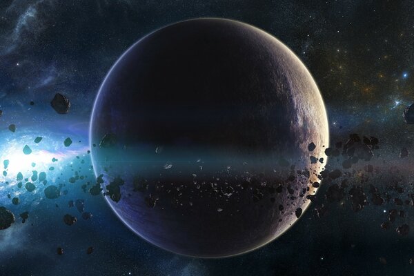 Planet mit Asteroidengürtel auf Galaxie-Hintergrund