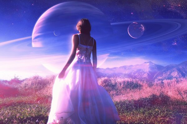 Dziewczyna w sukience patrzy na niebo z planet