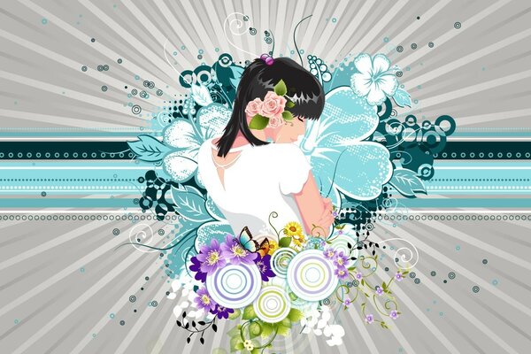 A girl with black hair covered in flowers