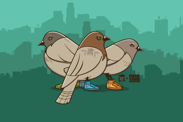 Sobre un fondo verde, tres palomas beige en Zapatillas de deporte