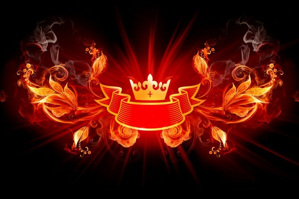 Glowing crown and fiery leaves on a black background