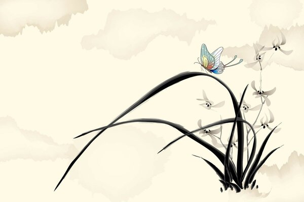 A butterfly sits on a long blade of grass. Drawing