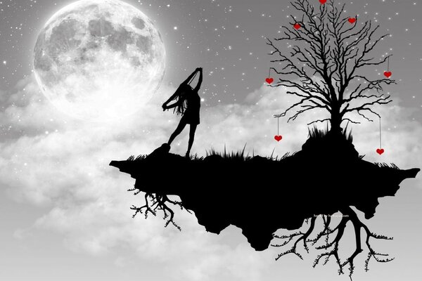 Illustration noire d une jeune fille sur fond de lune