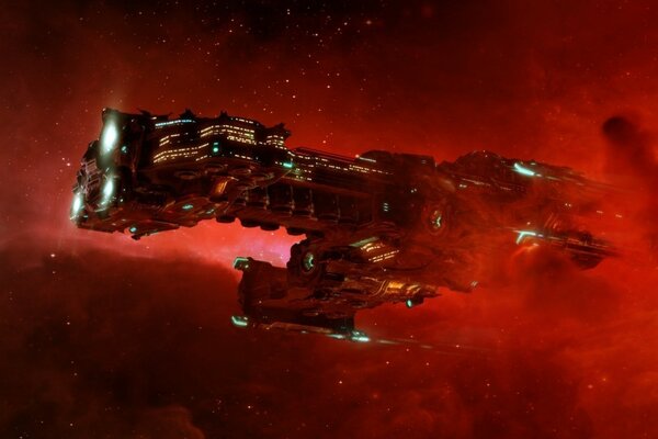 The space ship is flying through the red nebula