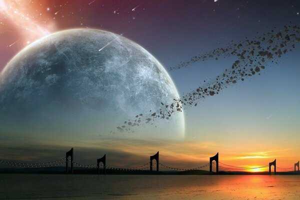 Pianeta nella fascia degli asteroidi al tramonto sullo sfondo del ponte