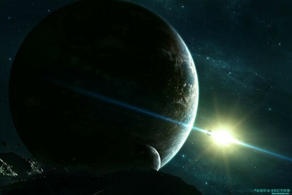 Grande planète dans l espace près d un astéroïde
