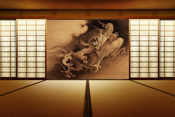 Japanisches Zimmer mit einem Drachen auf dem Bild
