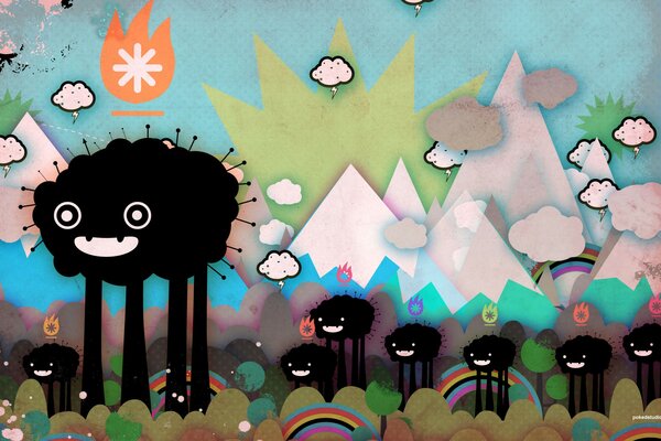 Abstraction with black animals on the background of mountains