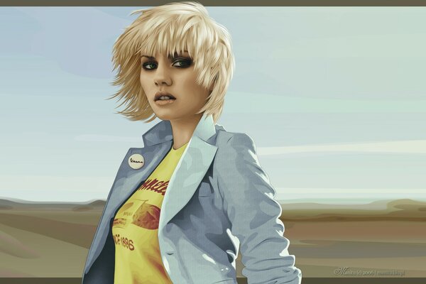 Art with the image of a blonde girl with short hair