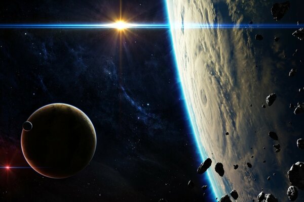 Fantastyczna przestrzeń. Niebieska planeta. pas asteroid
