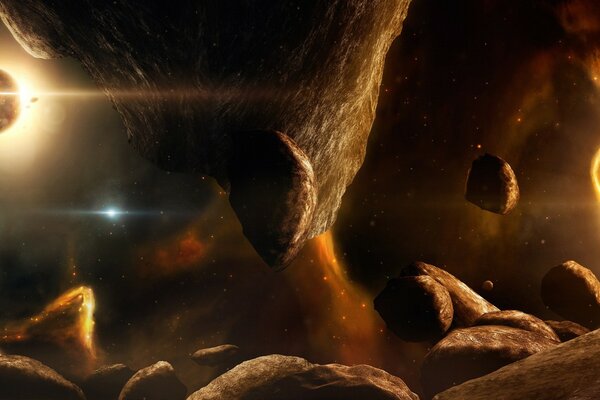 An asteroid is flying with planets in space