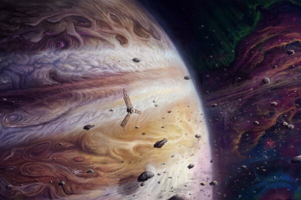 Mysterious cosmos. Giant planet Jupiter surrounded by asteroids
