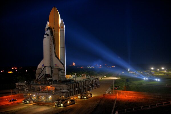 Preparing the cosmodrome for launch at night