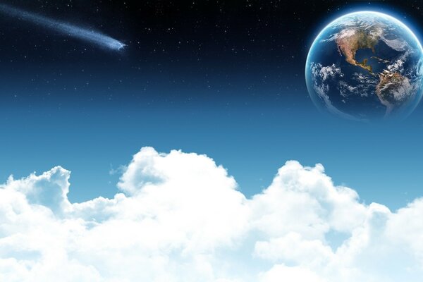 Арт изображение планеты земля среди белых облаков