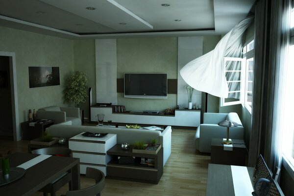 Modern interior with white curtains