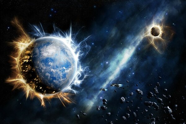 Dwie kosmiczne planety pochłonięte przez świecące błyski i zbliżające się do nich asteroidy i statki powietrzne