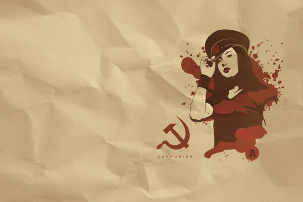 A girl with a hammer and sickle on brown paper