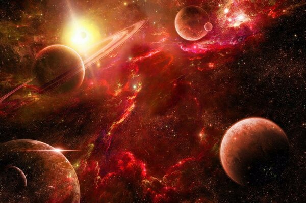 Universo rosso e diversi pianeti nella nebulosa