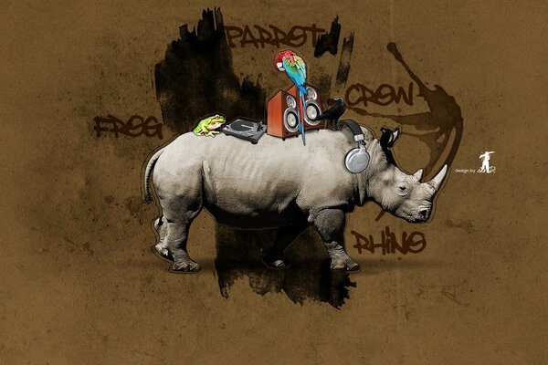 A gray rhinoceros on a brown background and a parrot and a frog are sitting on it