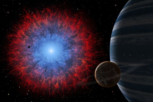 Riesige Planeten vor dem Hintergrund eines rot-blauen Nebels