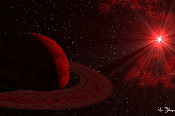 A planet with rings in red rays