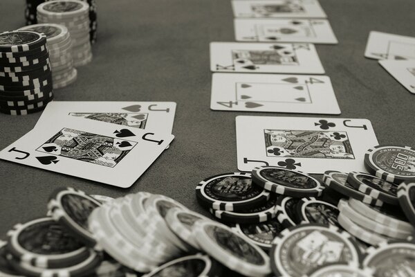 Cards, chips, grey table