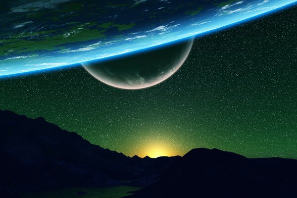 Arte 3D dello spazio. Terra e Luna contro il cielo