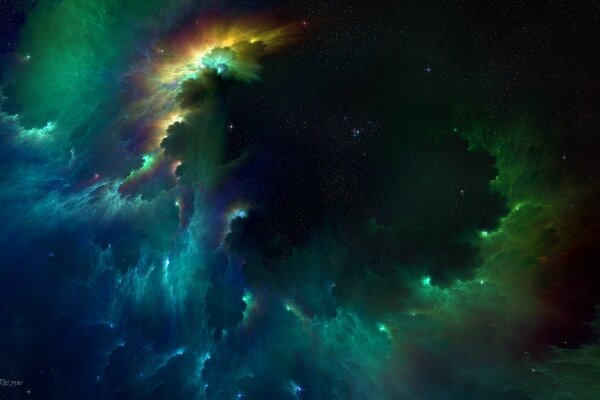 A cluster of stars in a blue and green nebula