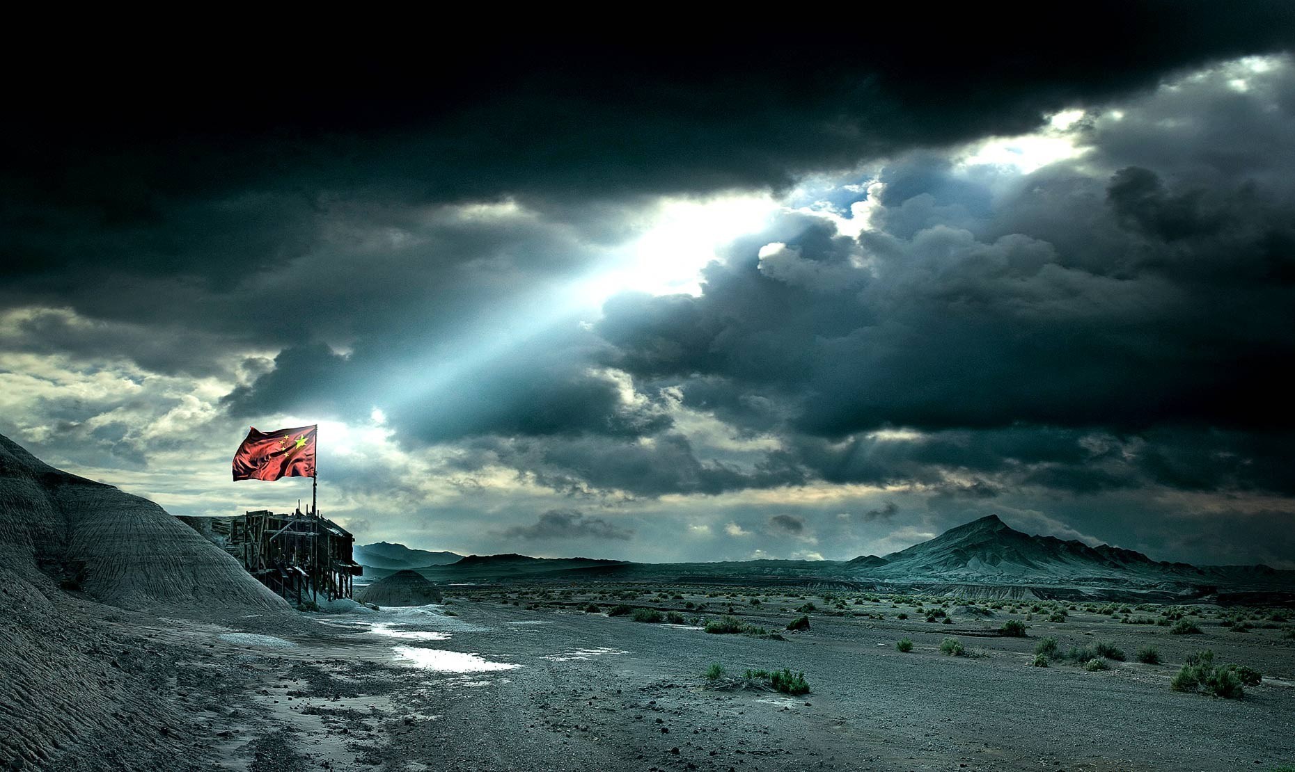 flag clouds light mountain