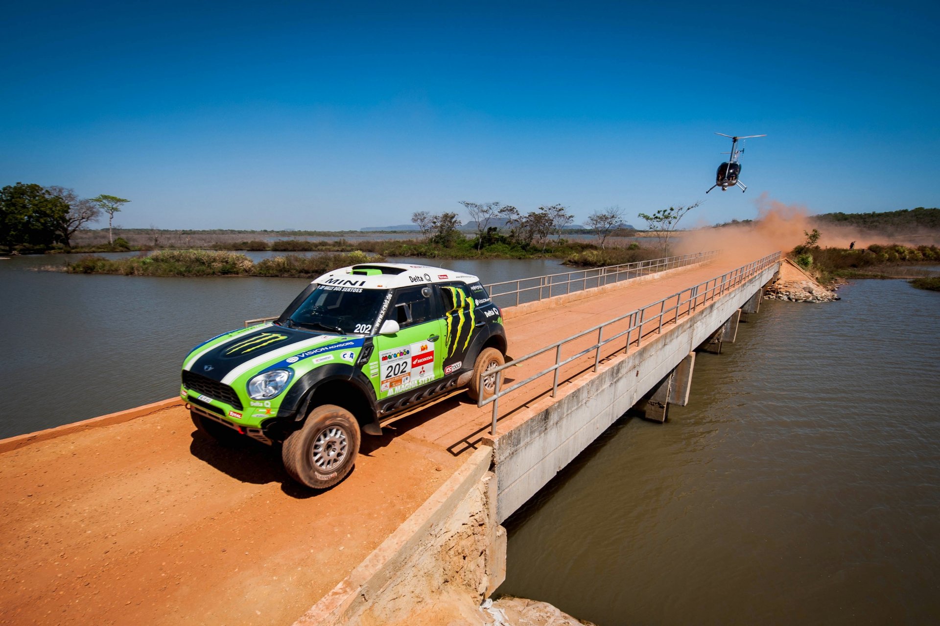 mini cooper mini dakar rally x-raid green bridge helicopters to dakar race