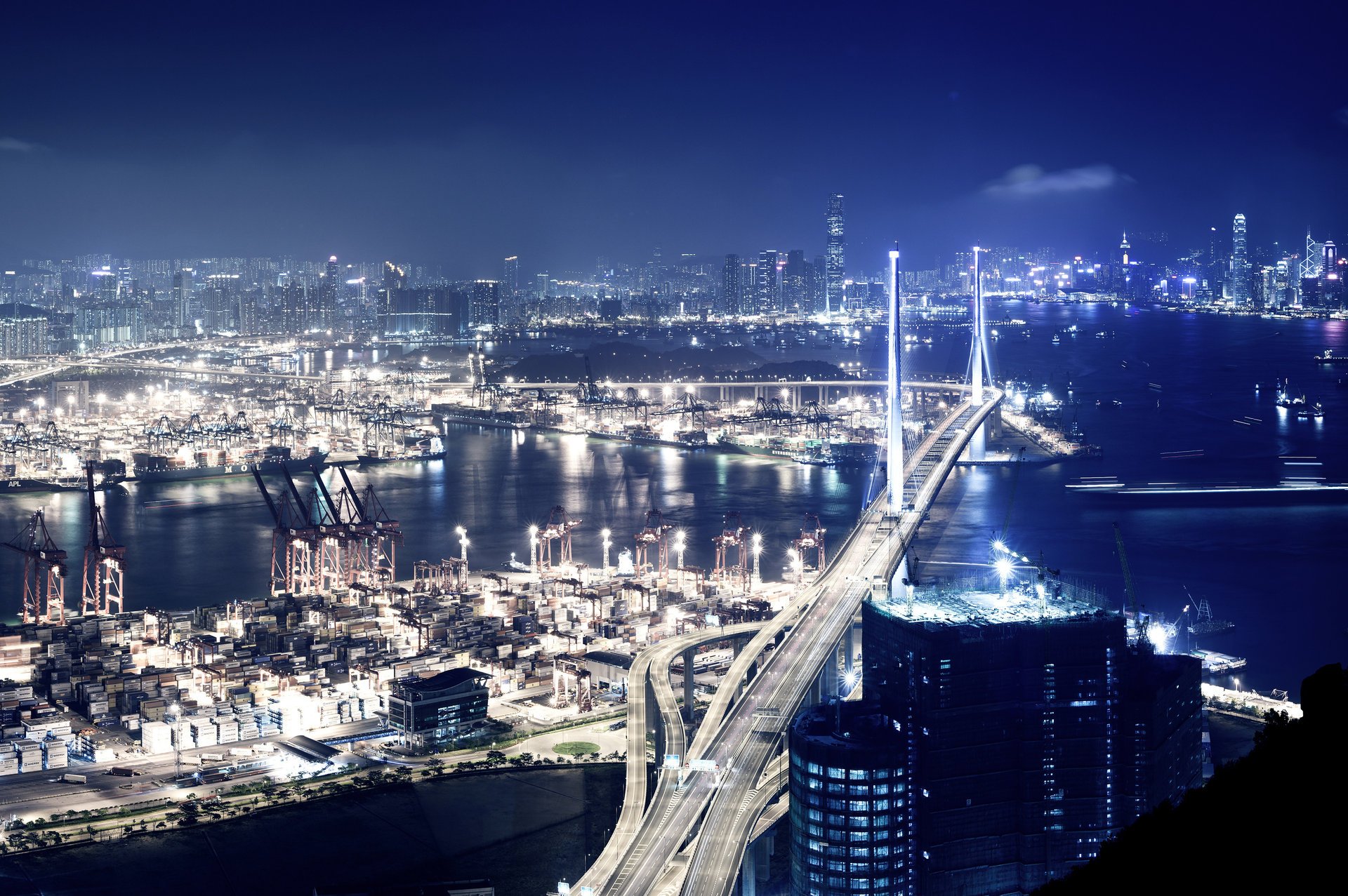 hong kong lights bridge building the city night