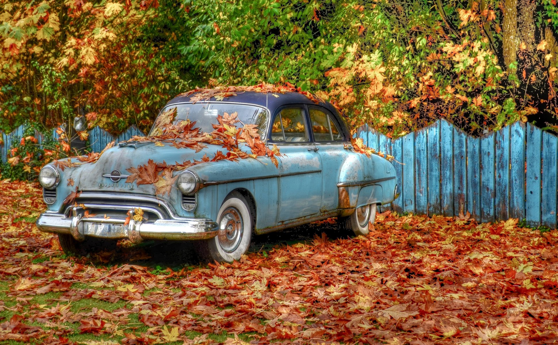 oldsmobile auto retro bäume laub zaun herbst hdr