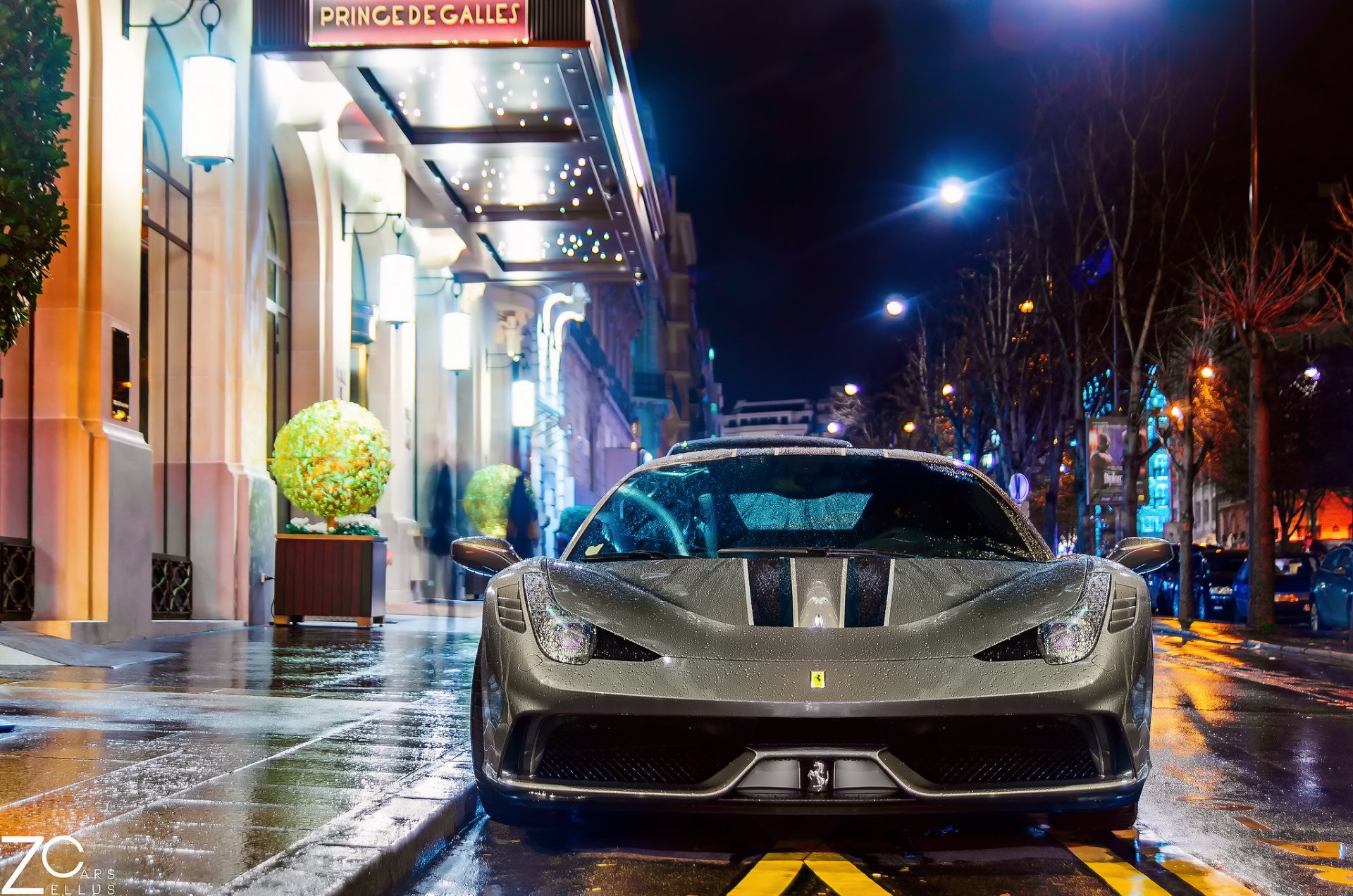 ferrari speciale париж франция город ночь улица огни машина после дождя мокрая мокро капли свет