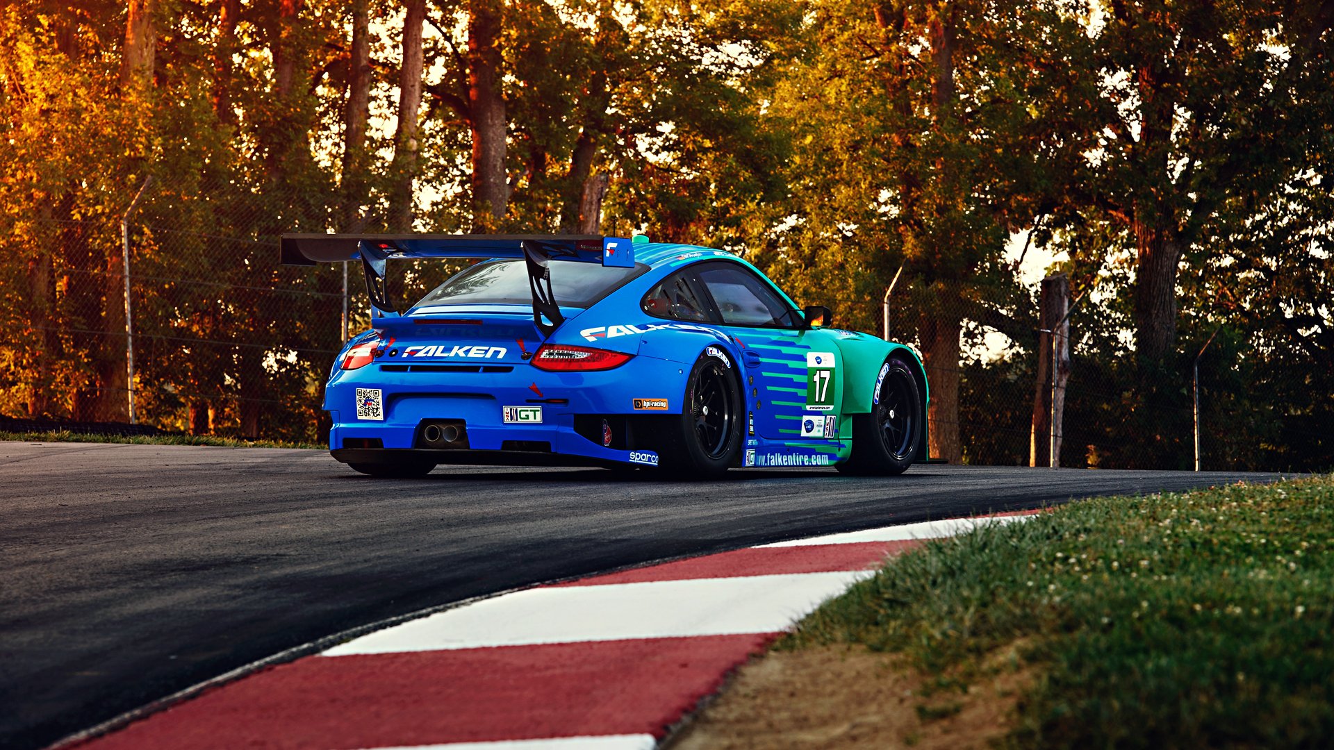 porsche 911 gt3 rsr voiture de sport falken concours widebody piste spoiler arbres