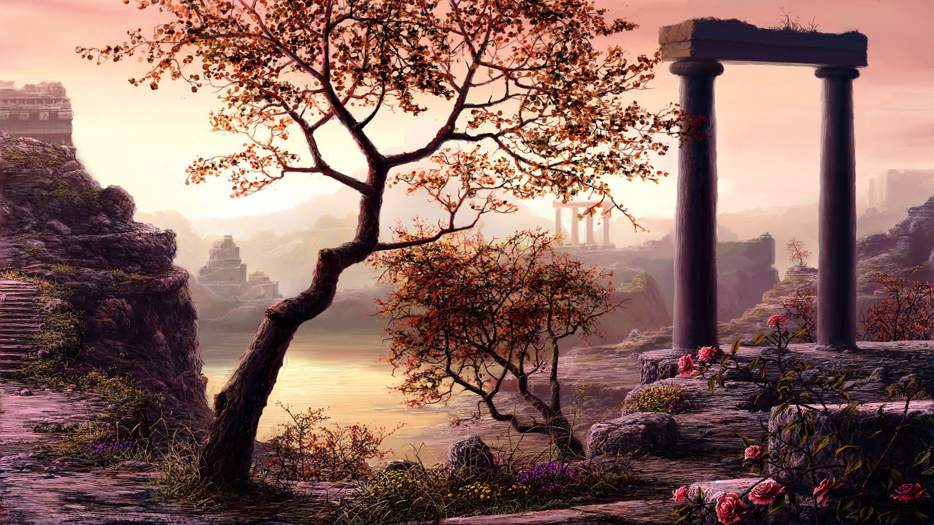 art flowers figure columns nature ruins tree