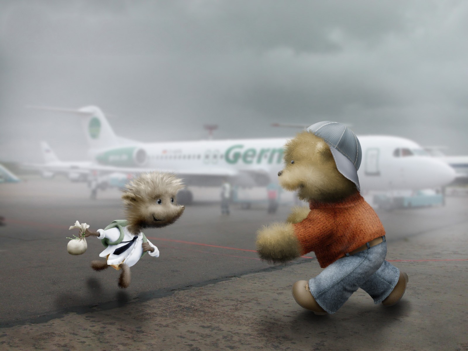 hedgehog bear airport meeting