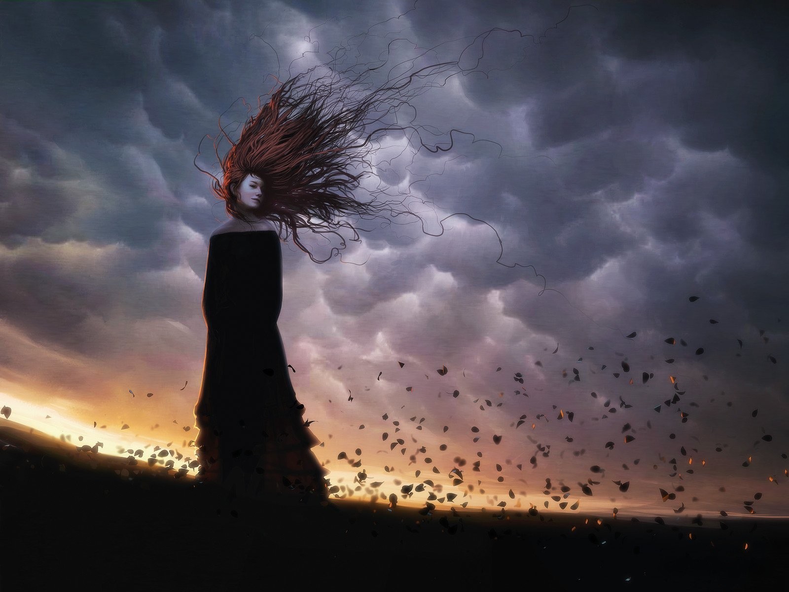 Мысли шторм. Мир рушится. Девушка на ветру. Грустная ведьма. Сюрреализм пустота.