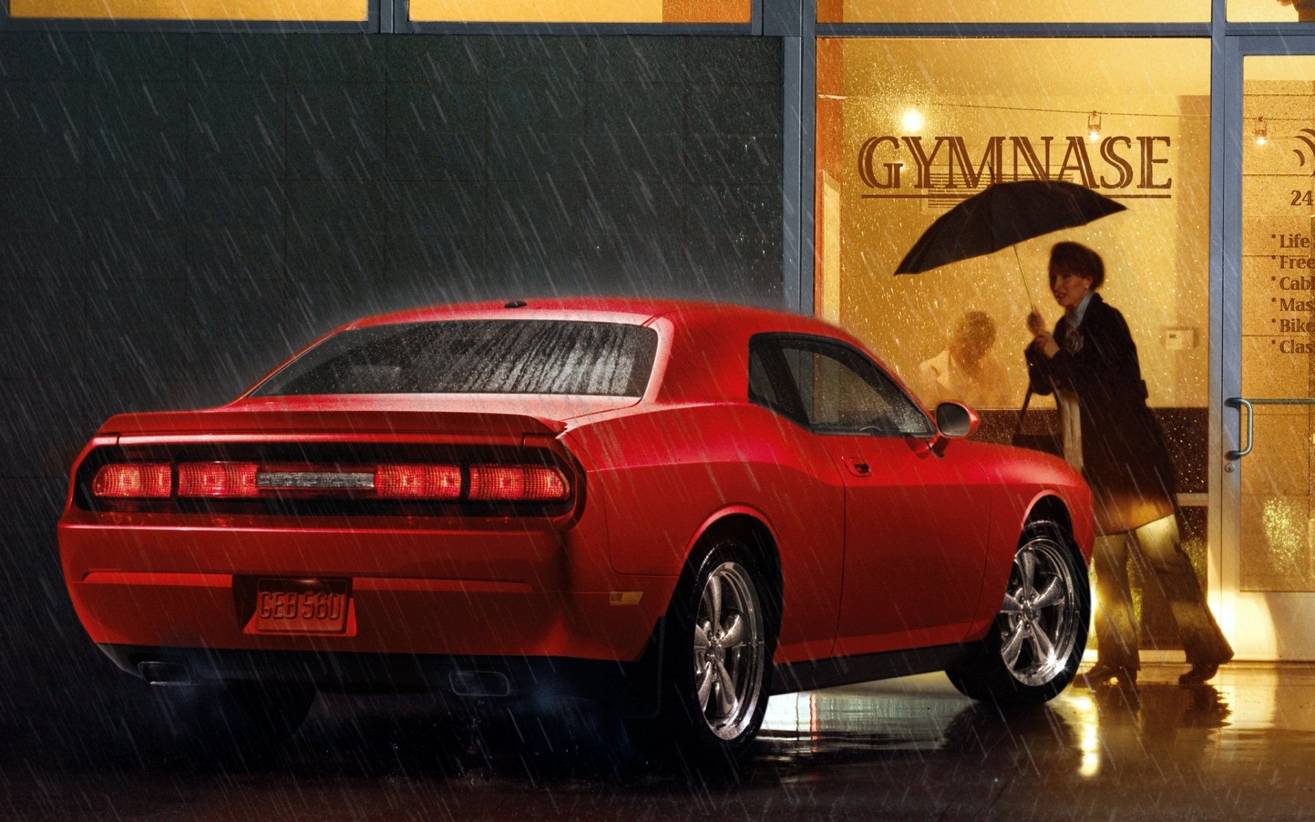 esquivar challenger rt dodge challenger rojo coche del músculo muscle car lluvia mujer paraguas tienda