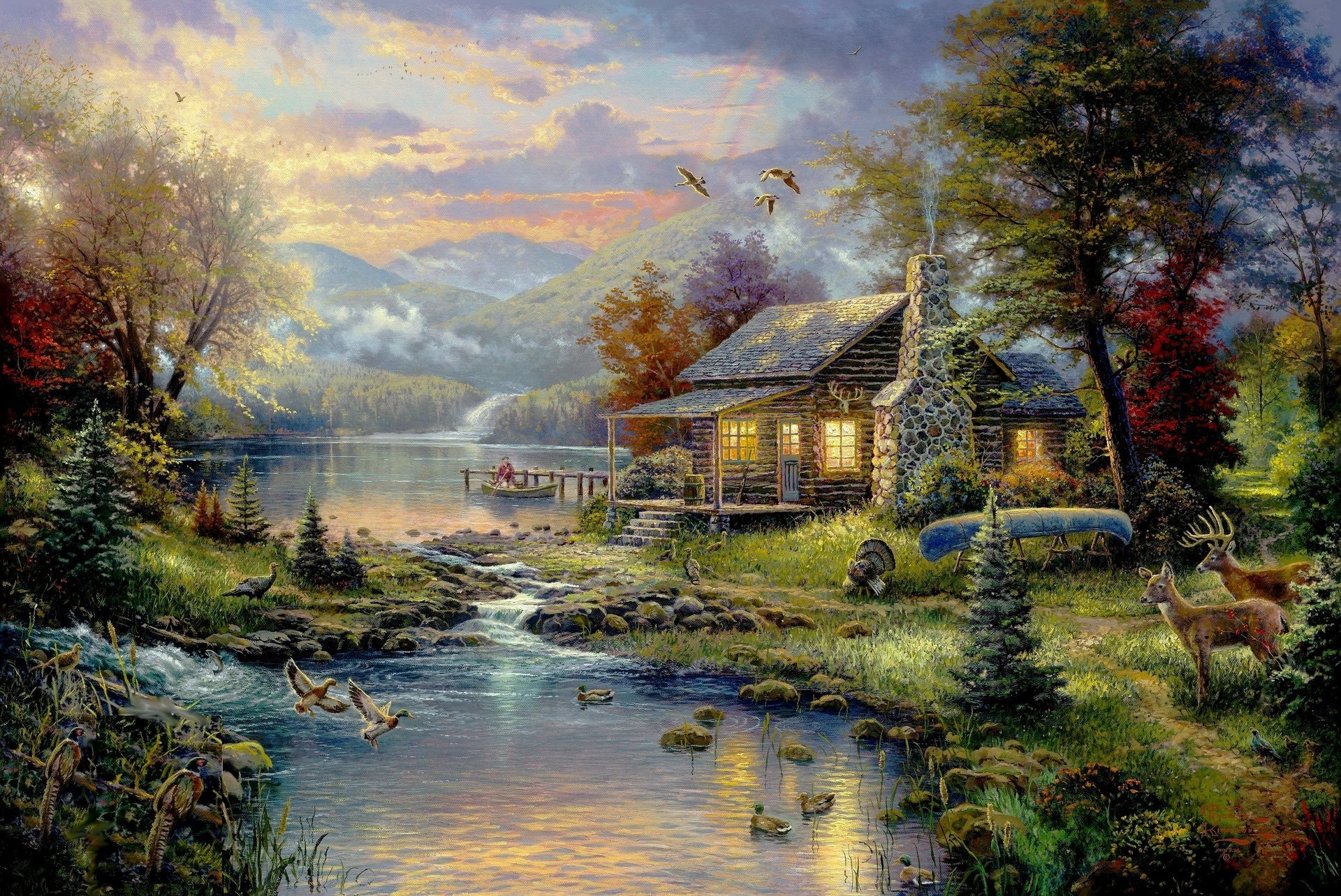 natures paradise painting thomas kinkade pintura forest house art river nature