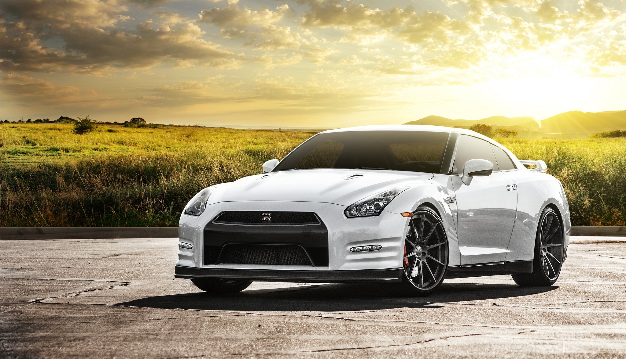 nissan gt-r белый передние ниссан поле солнце блики