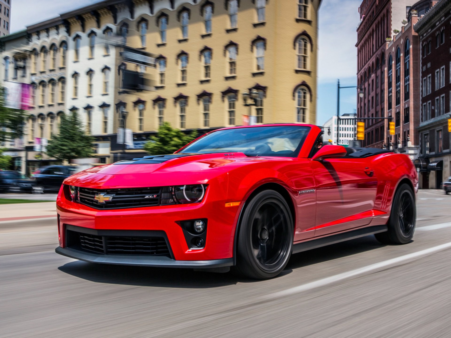 chevrolet camaro zl1 convertible car car chevrolet camaro red traffic road city buildings cars red