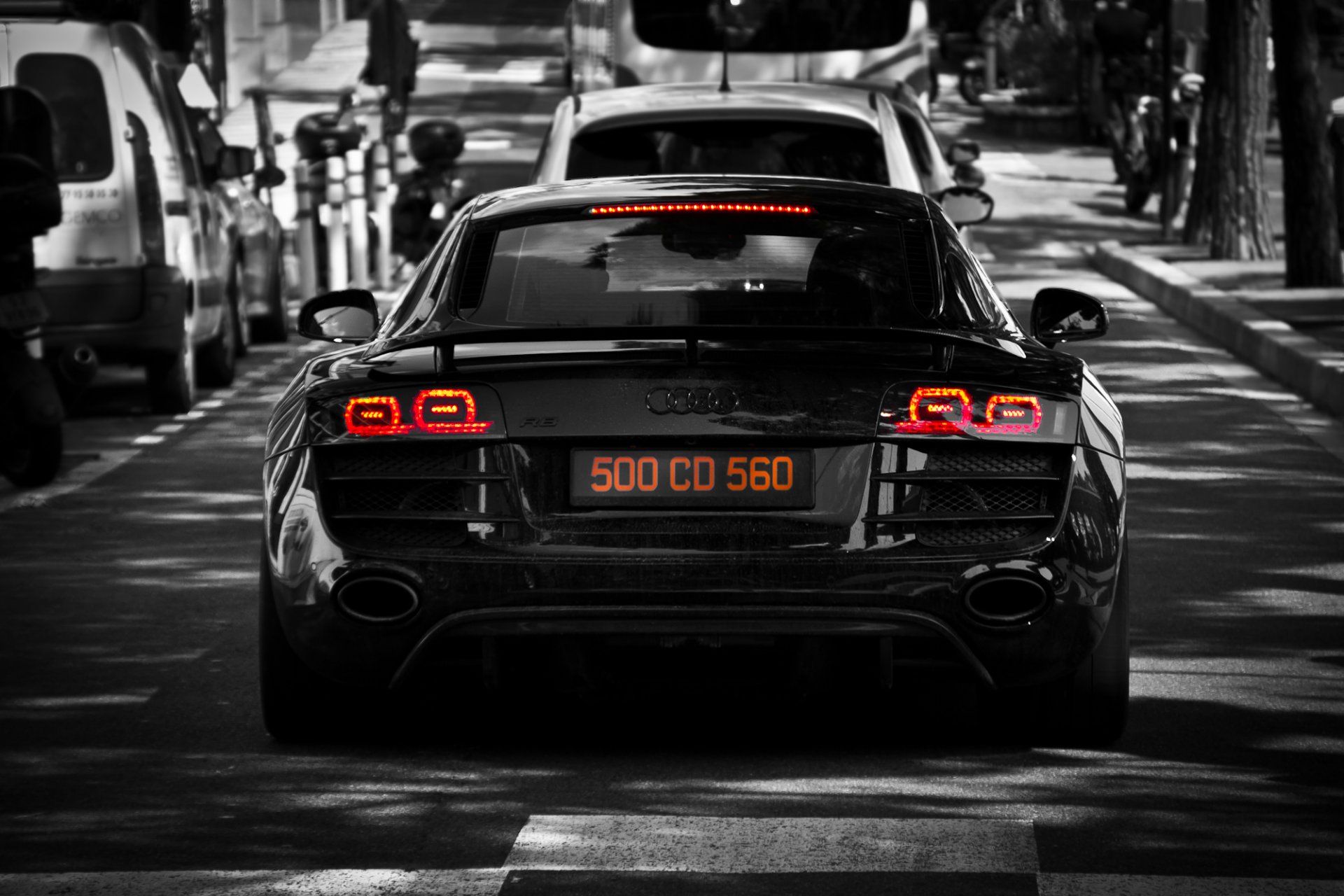 audi r8 black back light street cars tree audi r8 trees car