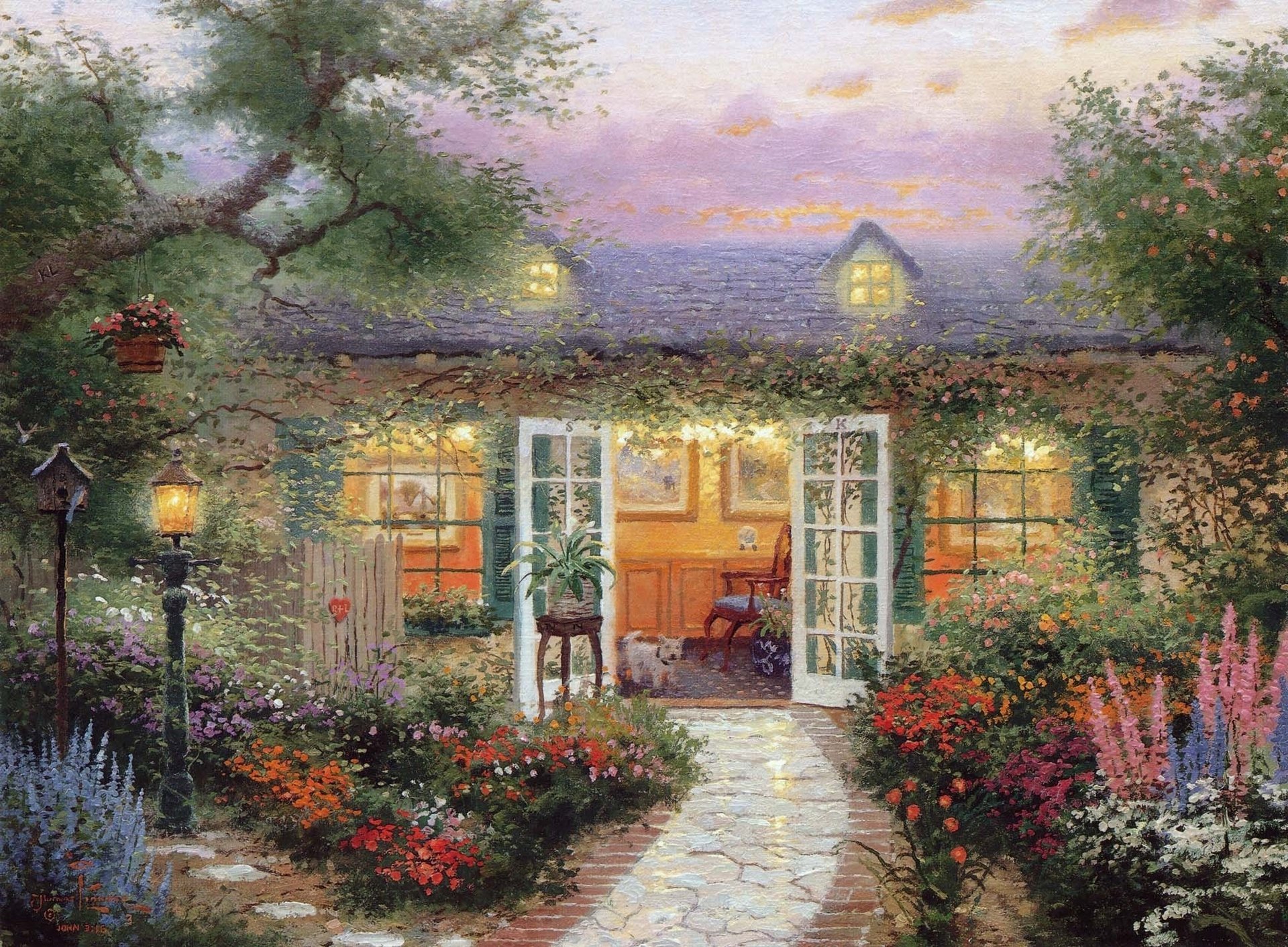 kinkade verano thomas kinkade cabaña cabaña porche perro